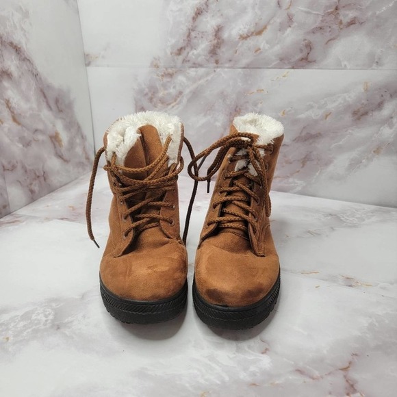Sql Tie up sherpa interior faux suede combat boots - Picture 2 of 11
